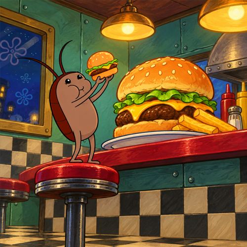 Roach standing on a diner stool, holding a burger beside a towering cheeseburger platter
