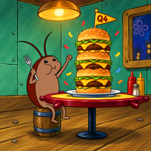 Roach cheering at a ship-wheel table in front of a four-stack Q4 burger tower