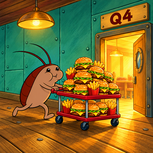 Roach wheeling a cart stacked with burgers and fries toward a glowing Q4 kitchen doorway
