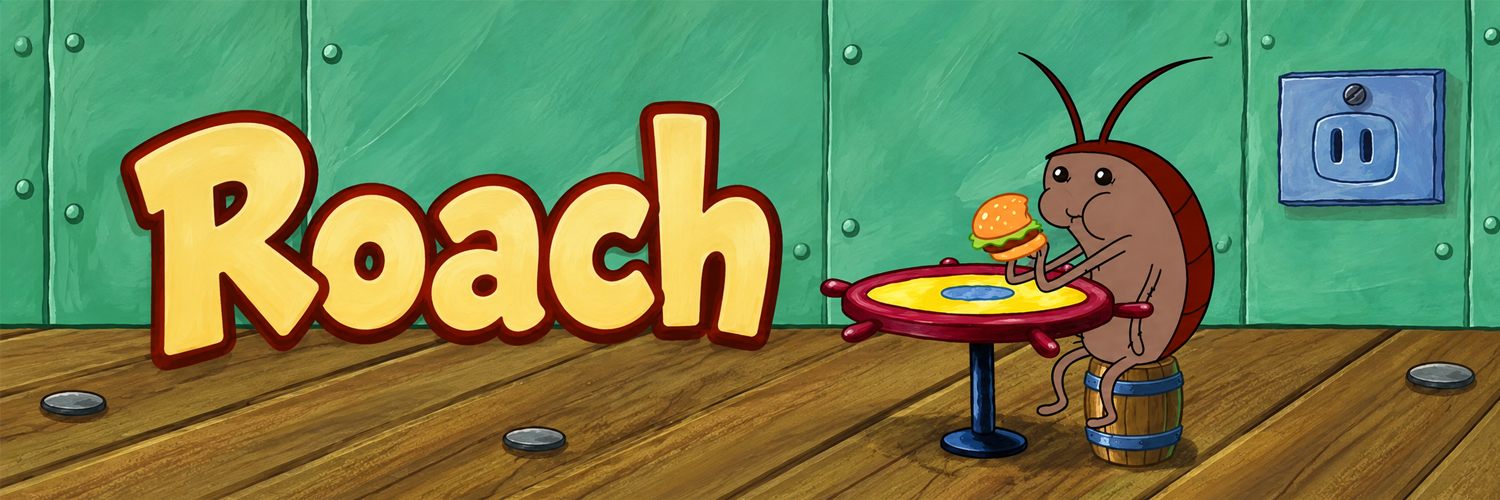 Painted diner banner of Roach sitting at a ship-wheel table eating a burger, with the name Roach
